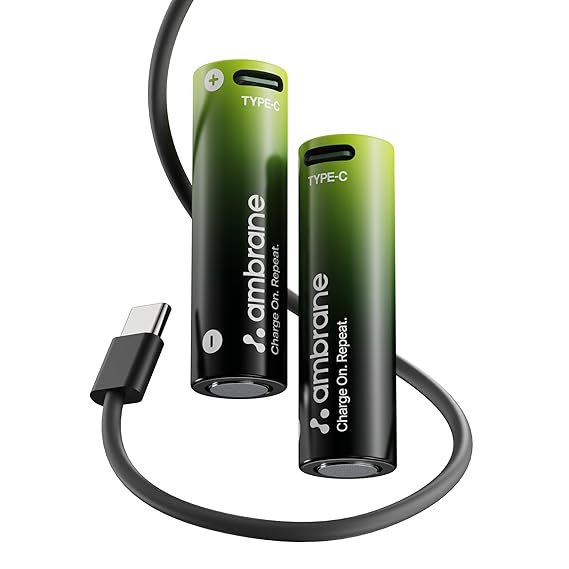 Ambrane AA Type C Rechargeable Batteries, Pack of 2, 1850mAh Lithium Ion Battery, Charge with Any Type C Cable & Adapter, No Separate Charger Required, Save Environment & Money (Reneo, Green)